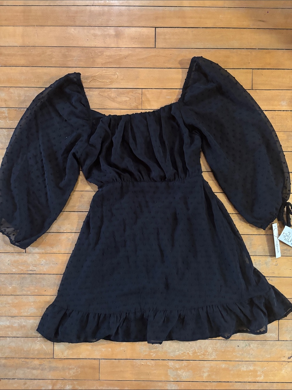 NWT Speechless Black Puff-Sleeve Swiss Dot Open Back Ruffle Dress